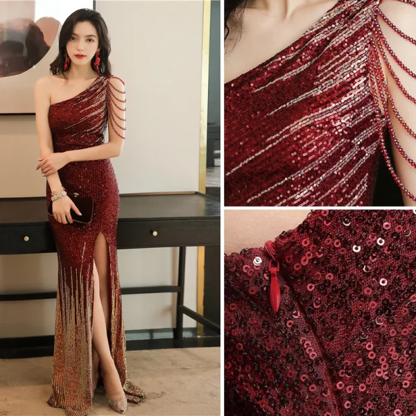 Scintillantes Sexy Bordeaux Paillettes Robe De Soirée 2021 Trompette / Sirène Une épaule Perlage Sans Manches Dos Nu Train De Balayage Soirée Robe De Ceremonie
