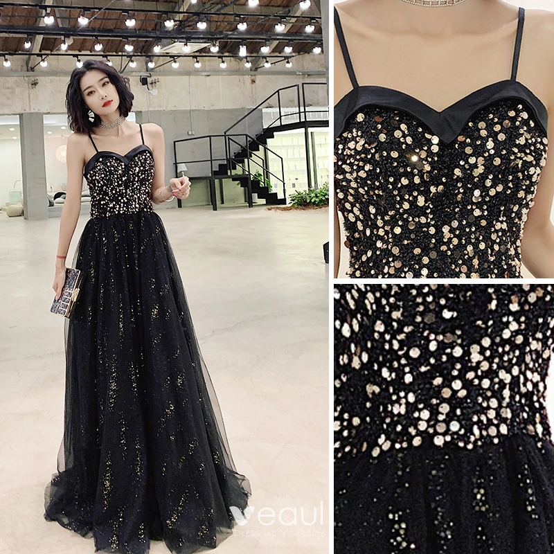 Sequin Prom Dresses 2019 Black And Gold Modern Fashion Black Gold Evening  Dresses 2019 A-Line Princess