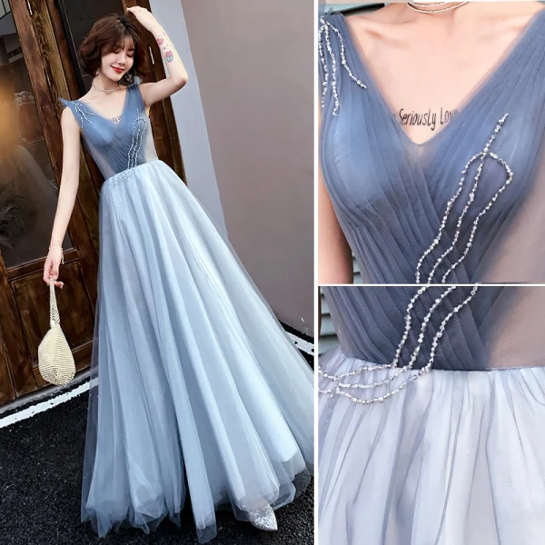 Élégant Bleu Robe De Soirée 2019 Princesse V-Cou Perlage Cristal Sans Manches Dos Nu Longue Robe De Ceremonie
