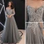 Elegant Grey Evening Dresses  2019 A-Line / Princess Spaghetti Straps Appliques Lace Flower Pearl Long Sleeve Backless Floor-Length / Long Formal Dresses