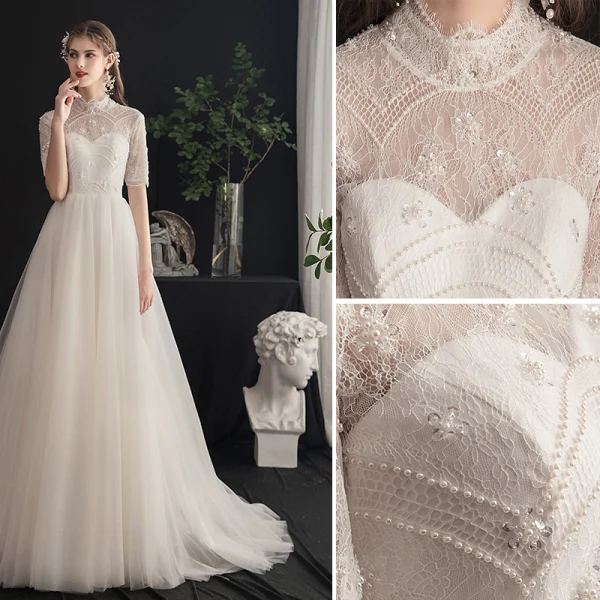 Chic / Belle Champagne Robe De Mariée 2019 Princesse Col Haut Perlage Paillettes Perle En Dentelle Fleur Manches Courtes Dos Nu Train De Balayage