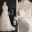 Chic / Belle Champagne Robe De Mariée 2019 Princesse Col Haut Perlage Paillettes Perle En Dentelle Fleur Manches Courtes Dos Nu Train De Balayage