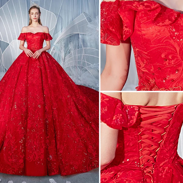 Stunning Red Wedding Dresses 2019 A-Line / Princess Off-The-Shoulder Beading Pearl Sequins Lace Flower Short Sleeve Backless Royal Train