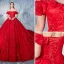 Stunning Red Wedding Dresses 2019 A-Line / Princess Off-The-Shoulder Beading Pearl Sequins Lace Flower Short Sleeve Backless Royal Train