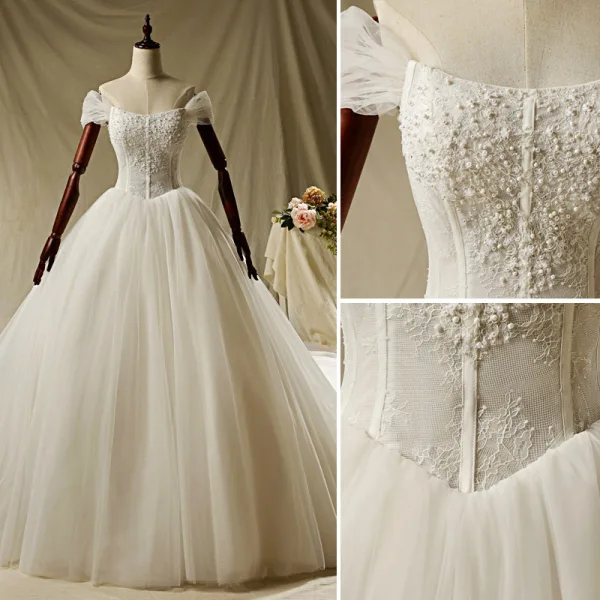 Luxury / Gorgeous Ivory Wedding Dresses 2019 A-Line / Princess Off-The-Shoulder Beading Pearl Lace Flower Short Sleeve Backless Cathedral Train