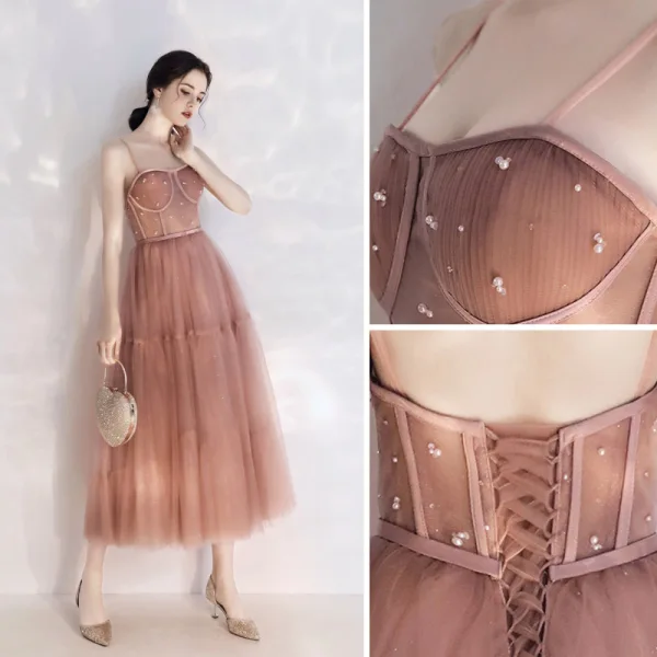 Chic / Belle Champagne de retour Robe De Graduation 2019 Princesse Corset  Bretelles Spaghetti Perle Paillettes Sans Manches Dos Nu Longueur Cheville Robe De Ceremonie
