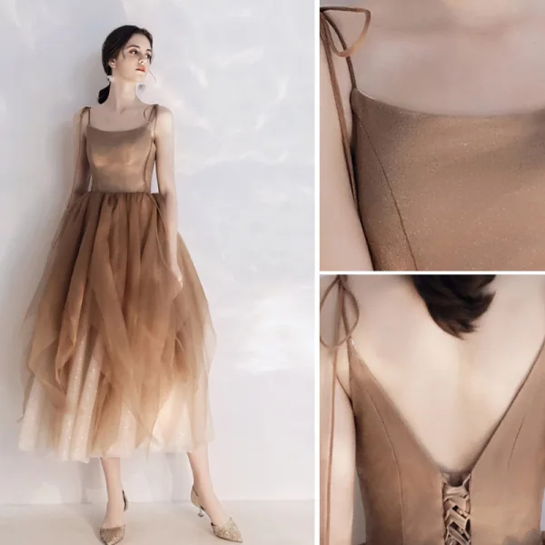 Chic / Belle Marron de retour Robe De Graduation 2019 Princesse Bretelles Spaghetti Noeud Sans Manches Dos Nu Longueur Cheville Robe De Ceremonie