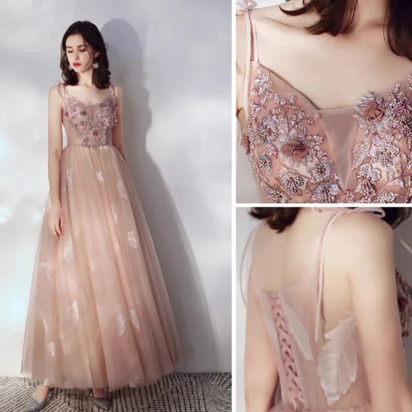 Chic / Beautiful Pearl Pink Evening Dresses 2019 A-Line / Princess Spaghetti Straps Beading Appliques Lace Flower Sequins Sleeveless Backless Floor-Length / Long Formal Dresses