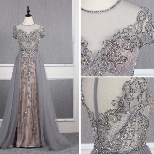 High End Grau Abendkleider 2019 A Linie Rundhalsausschnitt Handgefertigt Perlenstickerei Kristall Strass Kurze Ärmel Sweep / Pinsel Zug Festliche Kleider
