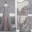High End Grau Abendkleider 2019 A Linie Rundhalsausschnitt Handgefertigt Perlenstickerei Kristall Strass Kurze Ärmel Sweep / Pinsel Zug Festliche Kleider