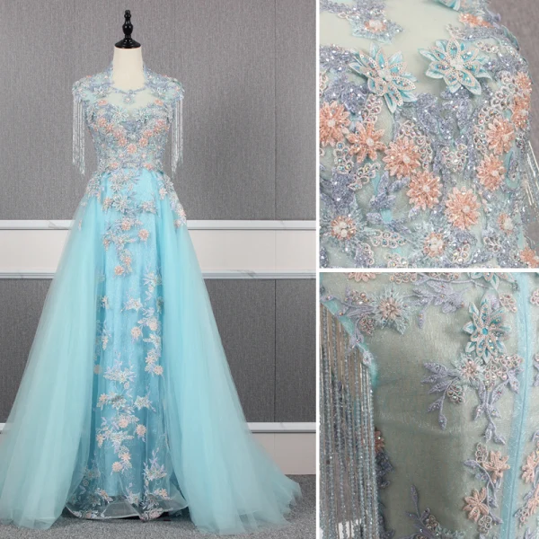 High End Blau Handgefertigt Perlenstickerei Abendkleider 2019 A Linie Eckiger Ausschnitt Kristall Quaste Perle Strass Pailletten Spitze Blumen Applikationen Ärmellos Sweep / Pinsel Zug Festliche Kleider