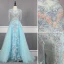 High End Blau Handgefertigt Perlenstickerei Abendkleider 2019 A Linie Eckiger Ausschnitt Kristall Quaste Perle Strass Pailletten Spitze Blumen Applikationen Ärmellos Sweep / Pinsel Zug Festliche Kleider