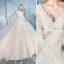 Charming Champagne Wedding Dresses 2019 A-Line / Princess V-Neck Beading Rhinestone Lace Flower Long Sleeve Backless Royal Train