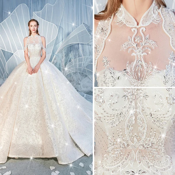 Charmant Weiß Brautkleider / Hochzeitskleider 2019 Ballkleid Stehkragen Perlenstickerei Pailletten Spitze Blumen Ärmellos Rückenfreies Königliche Schleppe