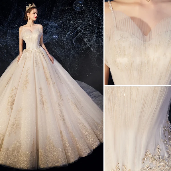 High-end Champagne Wedding Dresses 2019 A-Line / Princess Spaghetti Straps Ruffle Beading Sequins Lace Flower Sleeveless Backless Chapel Train