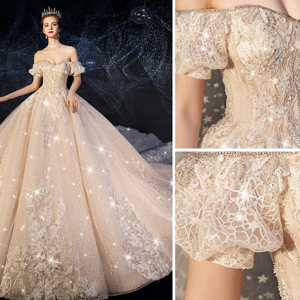 Luxury / Gorgeous Victorian Style Champagne Wedding Dresses 2019 A-Line / Princess Off-The-Shoulder Rhinestone Sequins Lace Flower Short Sleeve Backless Royal Train