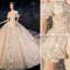 Luxury / Gorgeous Victorian Style Champagne Wedding Dresses 2019 A-Line / Princess Off-The-Shoulder Rhinestone Sequins Lace Flower Short Sleeve Backless Royal Train
