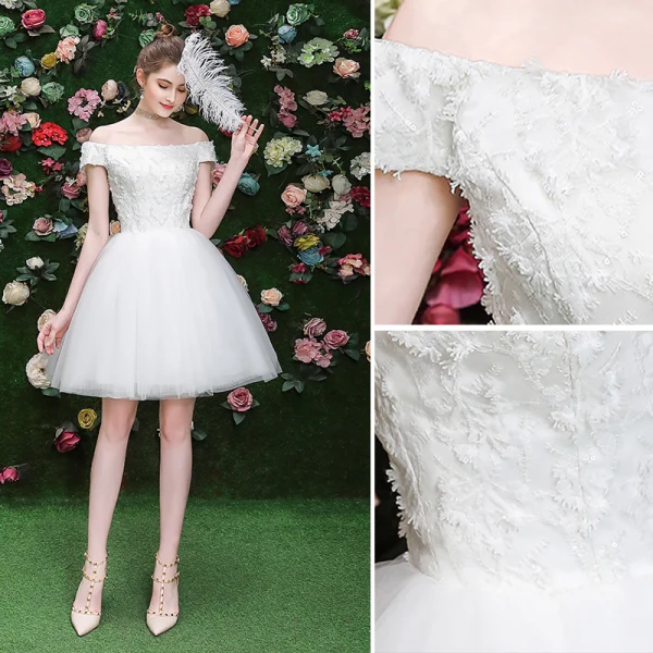Sexy Ivoire Robe De Fete Bretelles croisées 2019 Princesse De l'épaule Paillettes En Dentelle Fleur Manches Courtes Dos Nu Courte Robe De Ceremonie