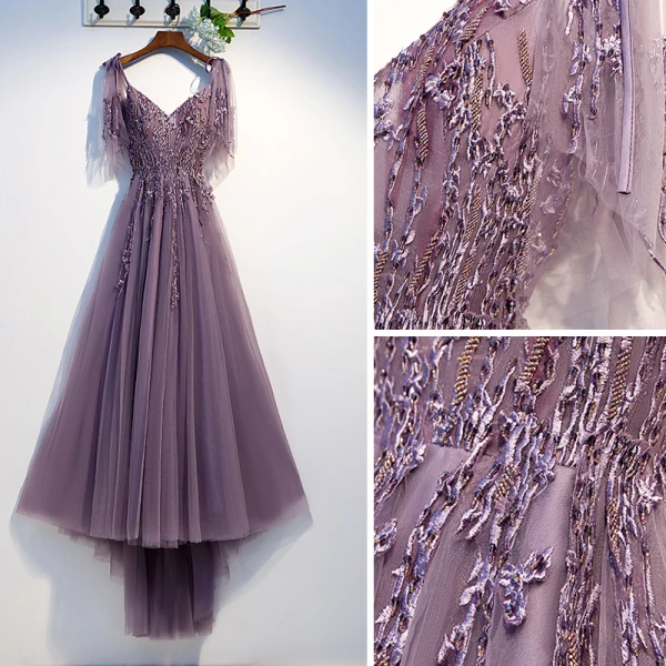 Chic / Beautiful Grape Evening Dresses  2019 A-Line / Princess Spaghetti Straps Beading Crystal Lace Flower Short Sleeve Backless Asymmetrical Formal Dresses