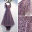 Chic / Beautiful Grape Evening Dresses  2019 A-Line / Princess Spaghetti Straps Beading Crystal Lace Flower Short Sleeve Backless Asymmetrical Formal Dresses