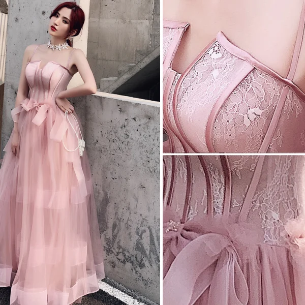 Charmant Rougissant Rose Robe De Soirée 2019 Princesse Bretelles Spaghetti En Dentelle Fleur Sans Manches Dos Nu Longue Robe De Ceremonie