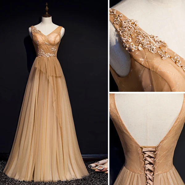 Chic / Beautiful Gold Evening Dresses 2019 A-Line / Princess V-Neck Beading Pearl Crystal Sequins Lace Flower Sleeveless Backless Floor-Length / Long Formal Dresses