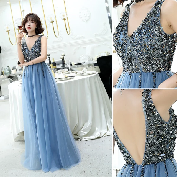 Charming Ocean Blue Evening Dresses 2019 A-Line / Princess V-Neck Beading Crystal Sleeveless Backless Floor-Length / Long Formal Dresses