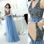 Charming Ocean Blue Evening Dresses  2019 A-Line / Princess V-Neck Beading Crystal Sleeveless Backless Floor-Length / Long Formal Dresses