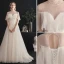 Légère Champagne Robe De Mariée 2019 Princesse Col Haut Perlage Cristal En Dentelle Fleur Manches Courtes Dos Nu Train De Balayage
