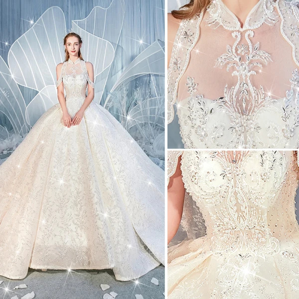 High-end Champagne Wedding Dresses 2019 Ball Gown High Neck Beading Sequins Crystal Lace Flower Sleeveless Backless Royal Train