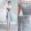Chic / Beautiful Grey Homecoming Graduation Dresses 2019 A-Line / Princess Ruffle Off-The-Shoulder Beading Lace Flower Sequins Short Sleeve Backless Tea-length Formal Dresses