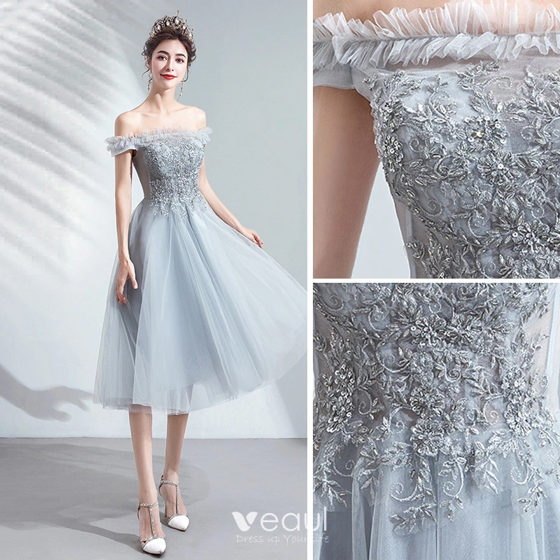 Chic / Beautiful Grey Homecoming Graduation Dresses 2019 A-Line / Princess  Ruffle Off-The-Shoulder Beading Lace Flower Sequins Short Sleeve Backless  Tea-length Formal Dresses