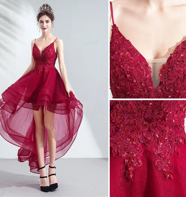 Sexig Hög Låg Burgundy Cocktailklänningar 2019 Prinsessa Spaghettiband Beading Paljetter Spets Blomma Ärmlös Halterneck Asymmetrisk Formella Klänningar