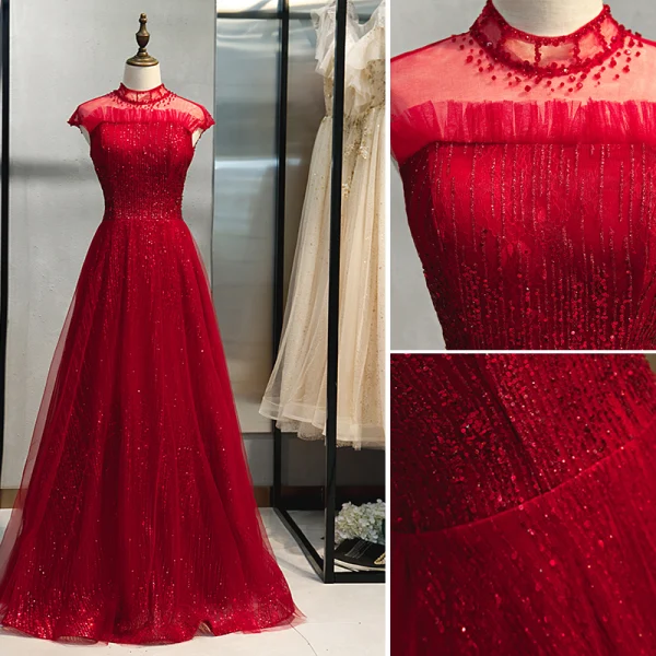Chic / Beautiful Burgundy Evening Dresses 2019 A-Line / Princess High Neck Beading Sequins Crystal Lace Flower Sleeveless Backless Floor-Length / Long Formal Dresses