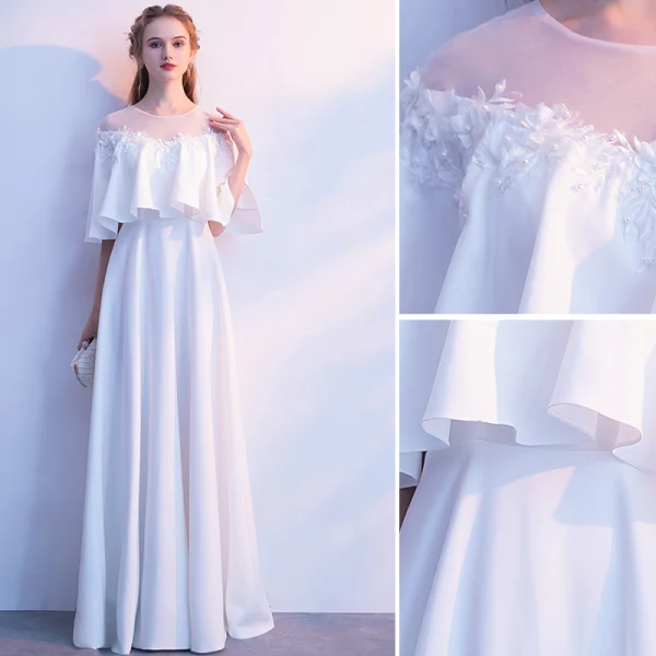 Elegante Ivory / Creme Abendkleider 2019 A Linie Rundhalsausschnitt Perle Applikationen 1/2 Ärmel Lange Festliche Kleider
