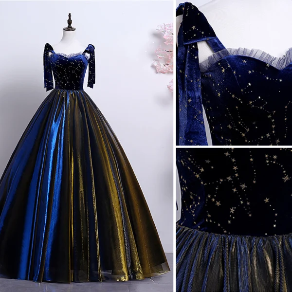 Elegant Royal Blue Gold Prom Dresses 2019 A-Line Princess Spaghetti Straps Suede Lace Elegant Royal Blue Gold Prom Dresses 2019 A-Line Princess Spaghetti Straps Suede Lace