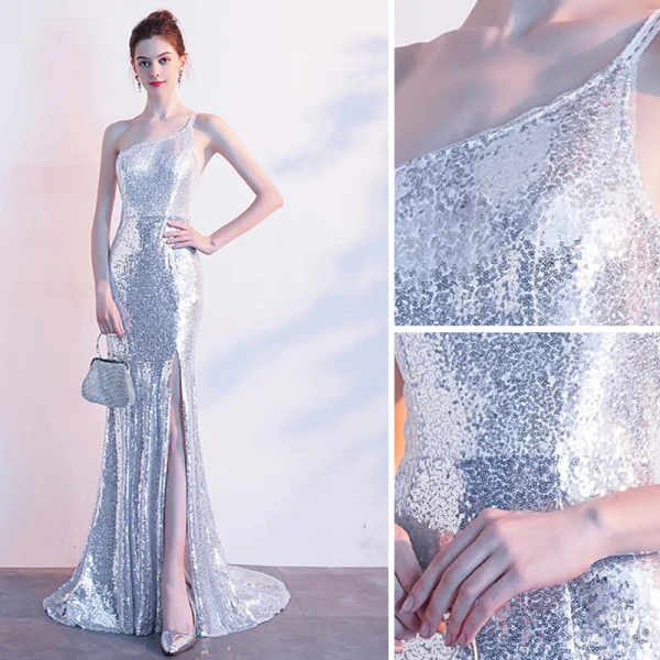 Sexy Scintillantes Argenté Robe De Soirée 2019 Trompette / Sirène Une épaule Paillettes Sans Manches Dos Nu Fendue devant Train De Balayage Robe De Ceremonie