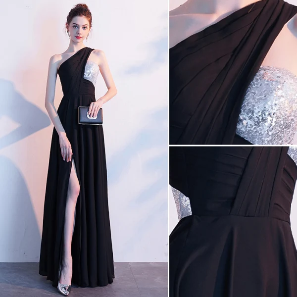 Sexy Schwarz Abendkleider 2019 A Linie One-Shoulder Pailletten Ärmellos Rückenfreies Gespaltete Front Lange Festliche Kleider