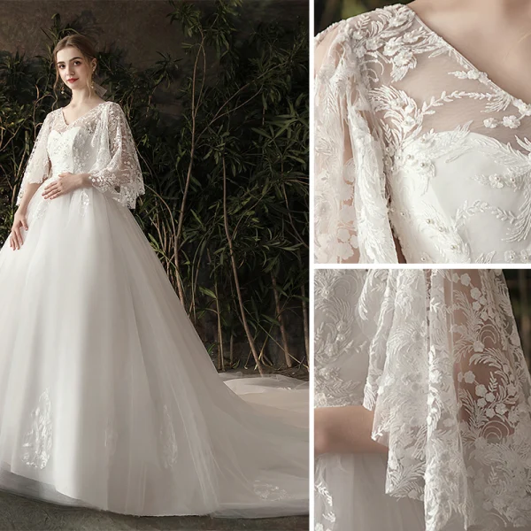 Chic / Beautiful Ivory Pregnant Wedding Dresses 2019 A-Line / Princess V-Neck Pearl Lace Flower 3/4 Sleeve Backless Chapel Train