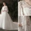 Chic / Beautiful Ivory Pregnant Wedding Dresses 2019 A-Line / Princess V-Neck Pearl Lace Flower 3/4 Sleeve Backless Chapel Train
