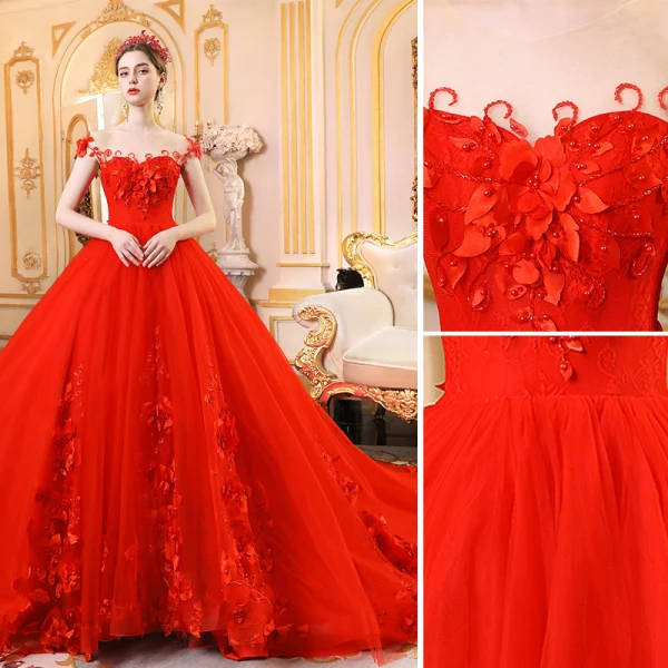 High-end Röd Bröllopsklänningar 2019 Prinsessa Urringning Beading Tassel Pärla Appliqués Ärmlös Halterneck Royal Train