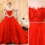 High-end Röd Bröllopsklänningar 2019 Prinsessa Urringning Beading Tassel Pärla Appliqués Ärmlös Halterneck Royal Train