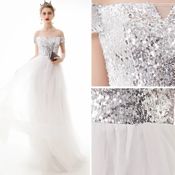 Modern / Fashion Ivory Evening Dresses 2019 A-Line / Princess Off-The-Shoulder Sequins Short Sleeve Backless Floor-Length / Long Formal Dresses