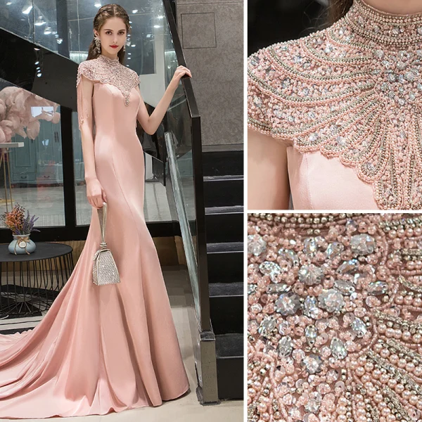 Haut de Gamme Rougissant Rose Robe De Soirée 2020 Trompette / Sirène Col Haut Perlage Gland Perle Faux Diamant Manches Courtes Train De Balayage Robe De Ceremonie