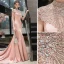 Haut de Gamme Rougissant Rose Robe De Soirée 2020 Trompette / Sirène Col Haut Perlage Gland Perle Faux Diamant Manches Courtes Train De Balayage Robe De Ceremonie