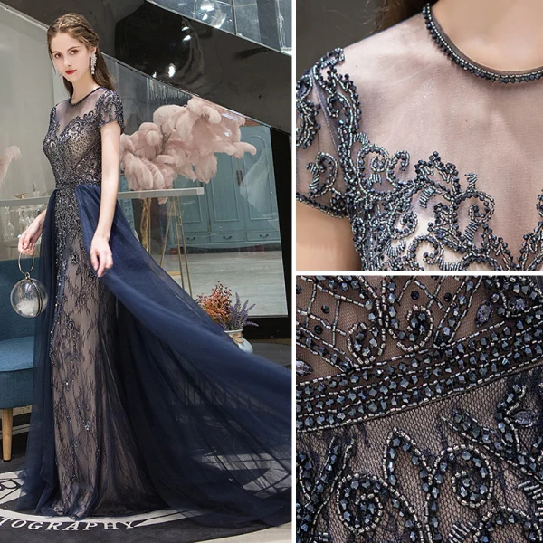 Chic / Beautiful Navy Blue Evening Dresses  2020 A-Line / Princess Scoop Neck Crystal Short Sleeve Backless Floor-Length / Long Formal Dresses