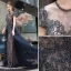 Chic / Beautiful Navy Blue Evening Dresses  2020 A-Line / Princess Scoop Neck Crystal Short Sleeve Backless Floor-Length / Long Formal Dresses