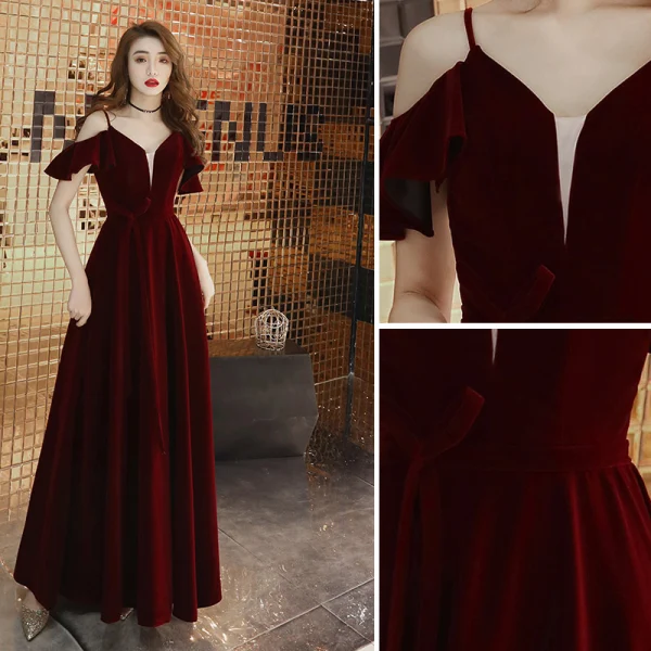 Chic / Beautiful Burgundy Evening Dresses 2019 A-Line / Princess Spaghetti Straps Suede Bow Short Sleeve Backless Floor-Length / Long Formal Dresses