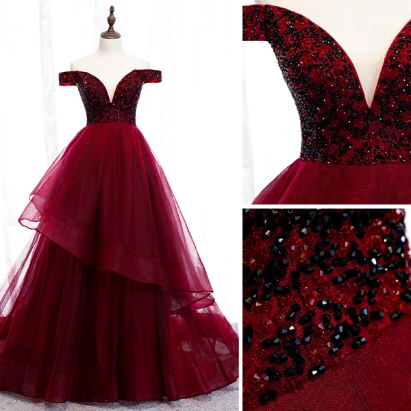 Chic / Beautiful Burgundy Evening Dresses  2019 A-Line / Princess Off-The-Shoulder Beading Crystal Sleeveless Backless Court Train Formal Dresses