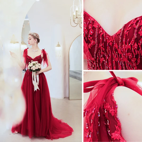 Chic / Belle Rouge Robe De Soirée 2020 Princesse Bretelles Spaghetti Perlage En Dentelle Fleur Sans Manches Dos Nu Train De Balayage Robe De Ceremonie